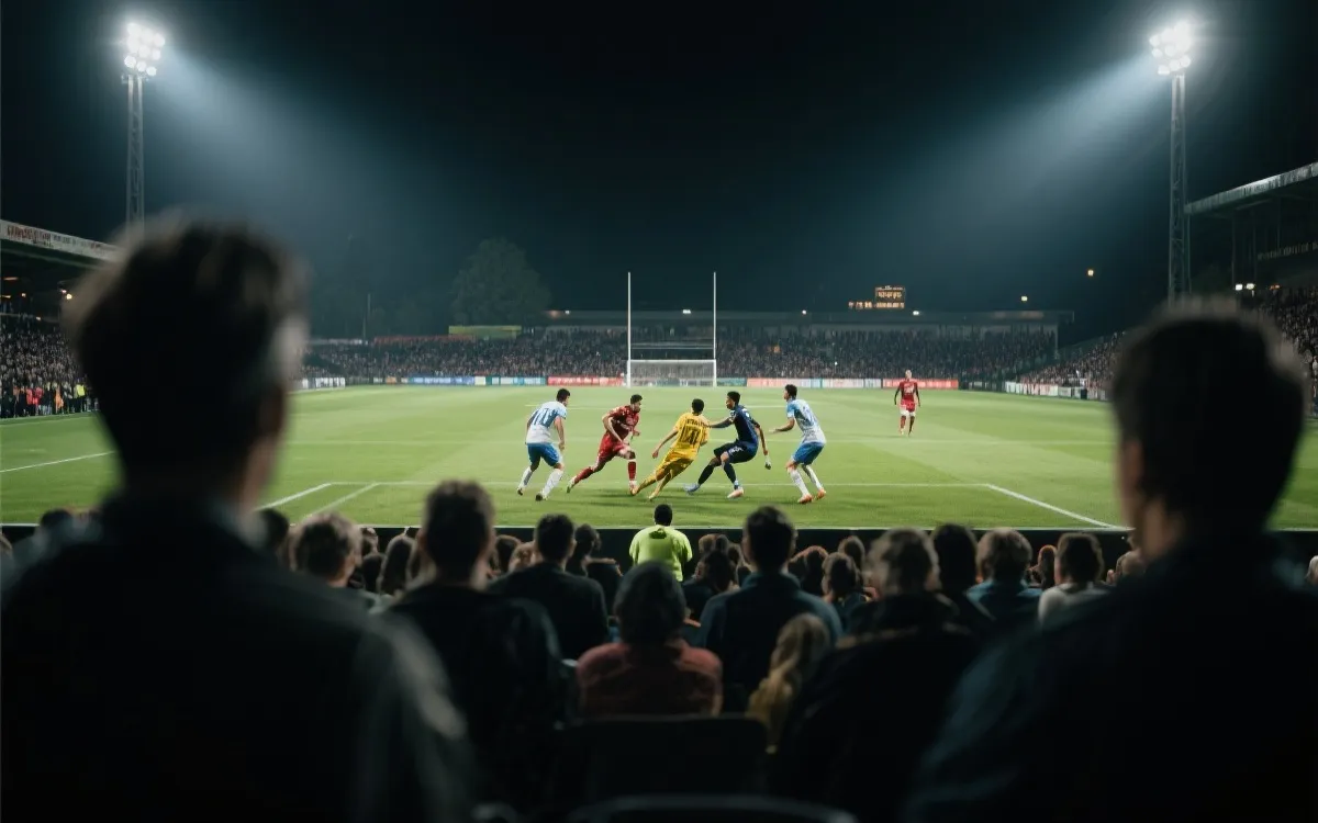 夜间球场灯光下的预选赛对决，象征密集赛程与压力